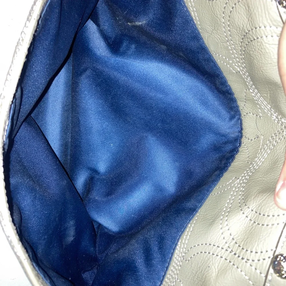 coach baby diaper bag tote pewter grey leather navy blue fabric lined interior